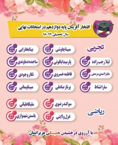 دانش آموزان ممتاز و برتر امتحانات نهایی خرداد دبیرستان دخترانه کاوش دوره متوسطه دوم